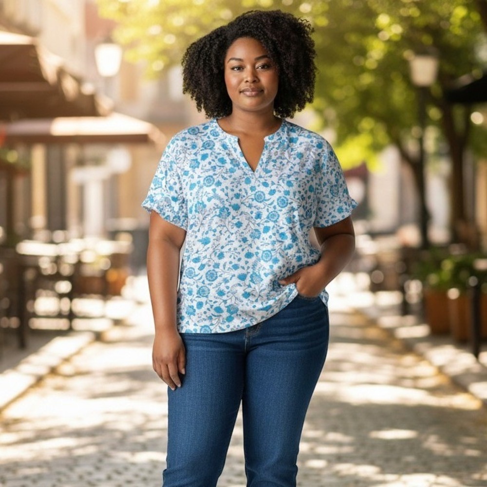 Draper James XXL Blue White Floral Short Sleeve Peplum Blouse XXL/ # 26764